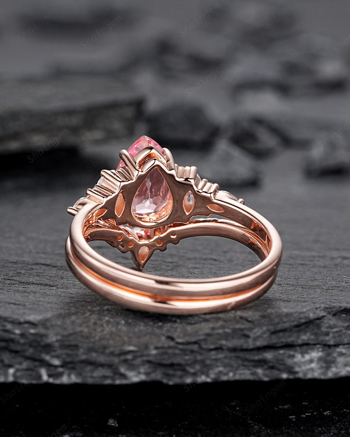 Pear Shape Padparadscha Pink Sapphire Engagement Ring Set, Unique Sapphire Bridal Set, 14K Rose Gold Promise Ring Wedding Ring for Women - ShainJewelry
