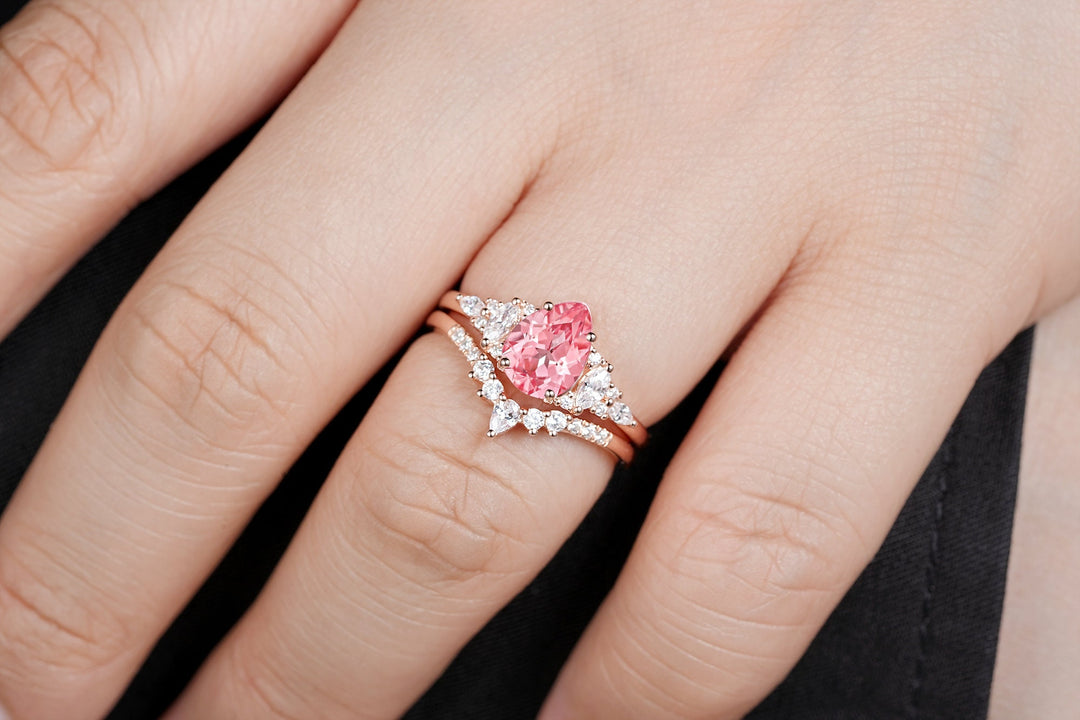 Pear Shape Padparadscha Pink Sapphire Engagement Ring Set, Unique Sapphire Bridal Set, 14K Rose Gold Promise Ring Wedding Ring for Women - ShainJewelry