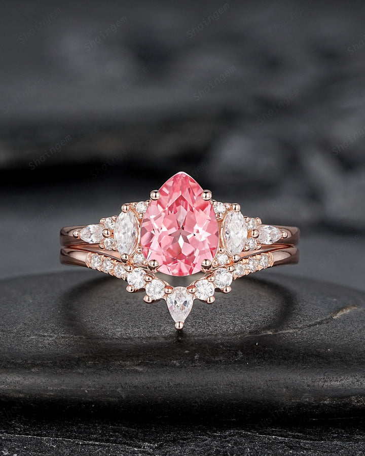 Pear Shape Padparadscha Pink Sapphire Engagement Ring Set, Unique Sapphire Bridal Set, 14K Rose Gold Promise Ring Wedding Ring for Women - ShainJewelry