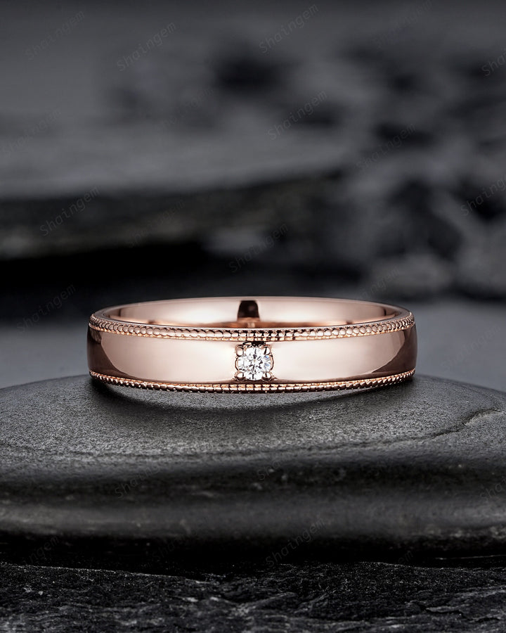 His and Hers Padparadscha Pink Sapphire Halo Wedding Band, Rose Gold Matching Band, Couple Engagement Ring, Milgrain Men's Band Promise Ring - ShainJewelry