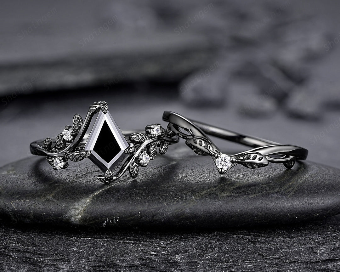 Gothic Black Gold Kite Cut Black Moissanite Leaf Engagement Ring, Nature Inspired Twig Branch Promise Ring, Black Rhodium Wedding Ring Gift - ShainJewelry