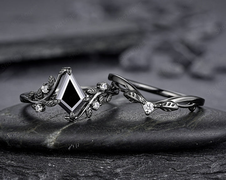 Gothic Black Gold Kite Cut Black Moissanite Leaf Engagement Ring, Nature Inspired Twig Branch Promise Ring, Black Rhodium Wedding Ring Gift - ShainJewelry