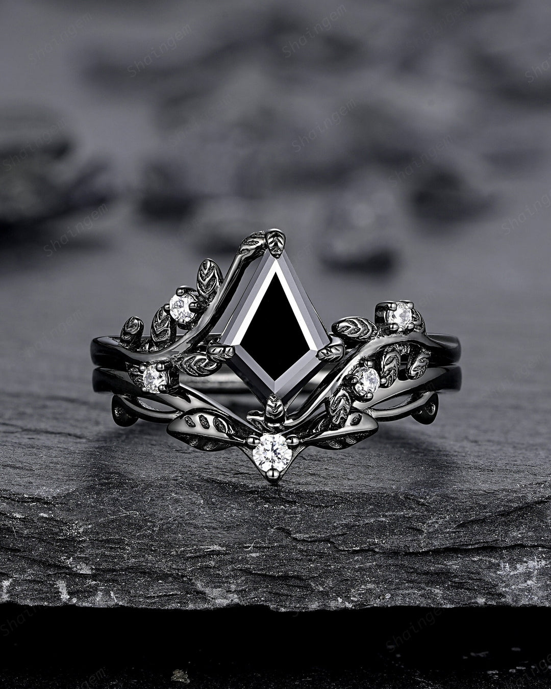 Gothic Black Gold Kite Cut Black Moissanite Leaf Engagement Ring, Nature Inspired Twig Branch Promise Ring, Black Rhodium Wedding Ring Gift - ShainJewelry