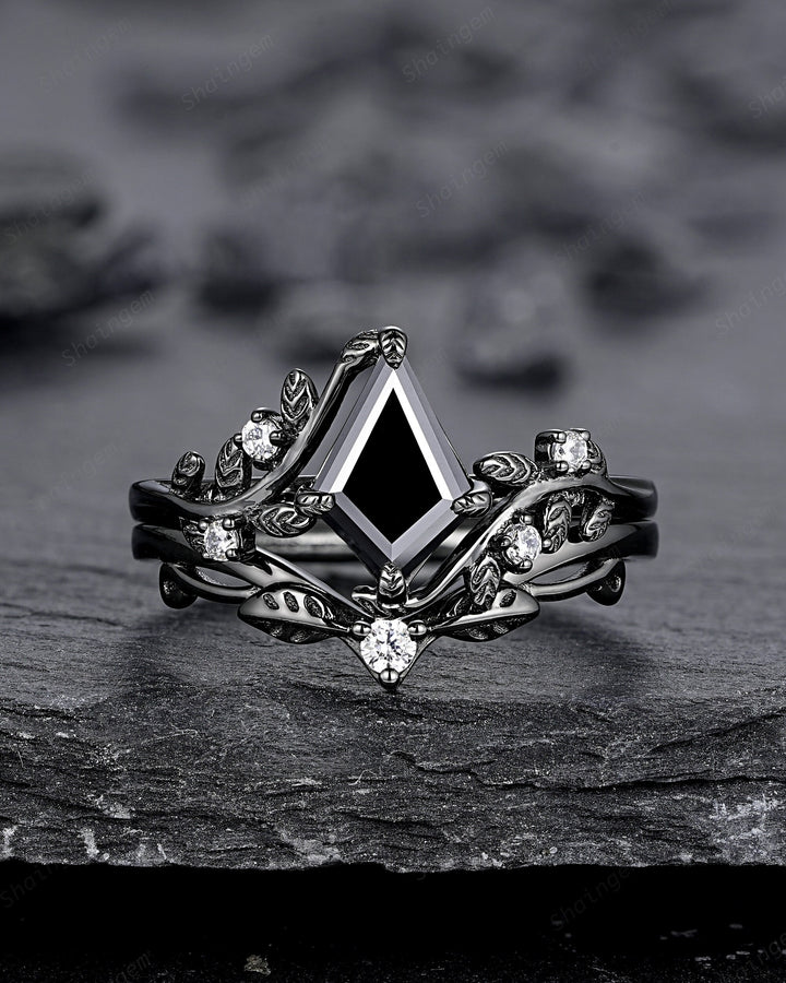 Gothic Black Gold Kite Cut Black Moissanite Leaf Engagement Ring, Nature Inspired Twig Branch Promise Ring, Black Rhodium Wedding Ring Gift - ShainJewelry