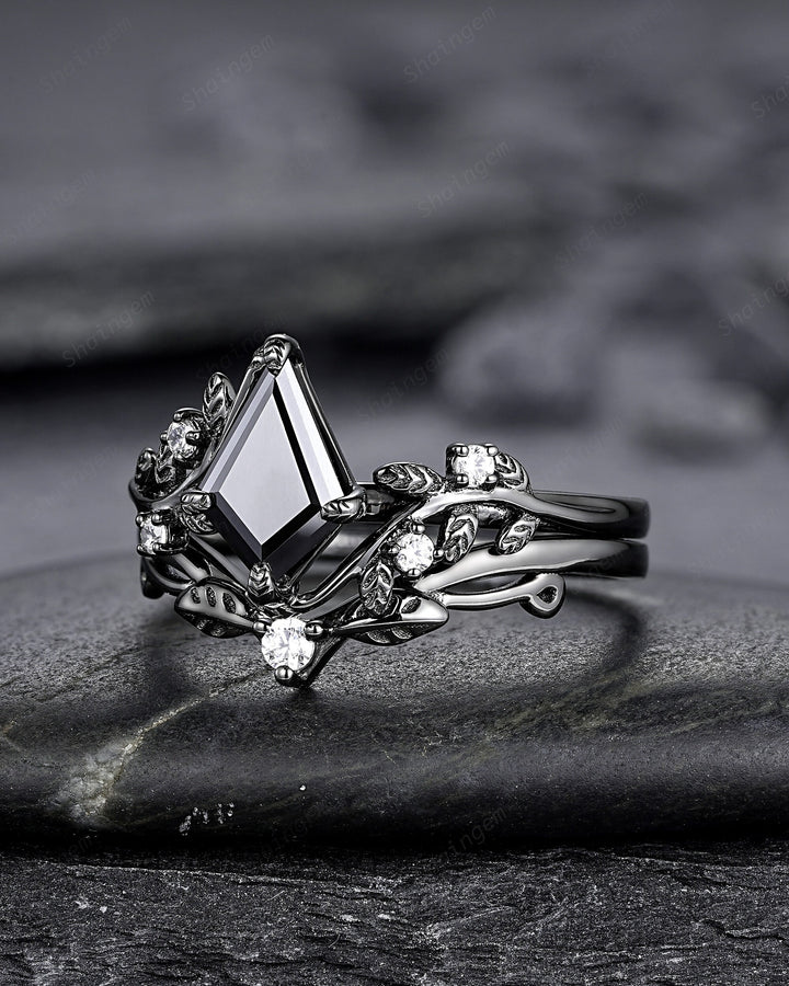 Gothic Black Gold Kite Cut Black Moissanite Leaf Engagement Ring, Nature Inspired Twig Branch Promise Ring, Black Rhodium Wedding Ring Gift - ShainJewelry