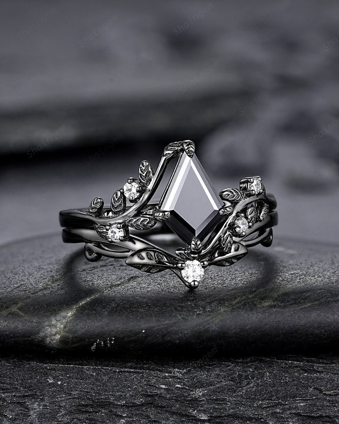 Gothic Black Gold Kite Cut Black Moissanite Leaf Engagement Ring, Nature Inspired Twig Branch Promise Ring, Black Rhodium Wedding Ring Gift - ShainJewelry