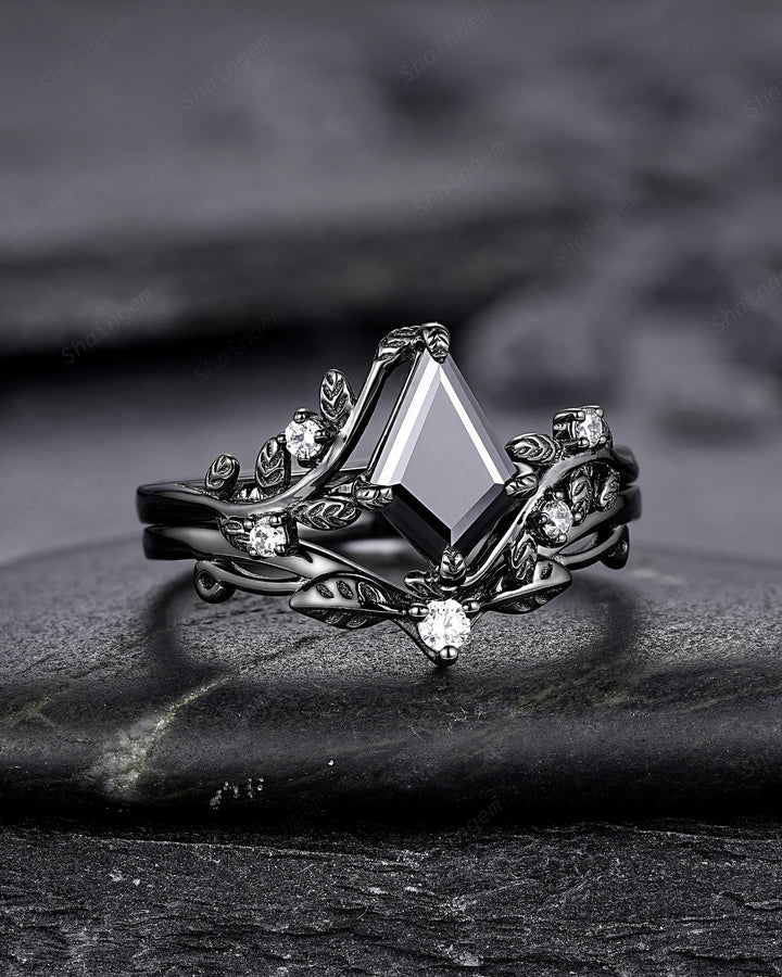 Gothic Black Gold Kite Cut Black Moissanite Leaf Engagement Ring, Nature Inspired Twig Branch Promise Ring, Black Rhodium Wedding Ring Gift - ShainJewelry