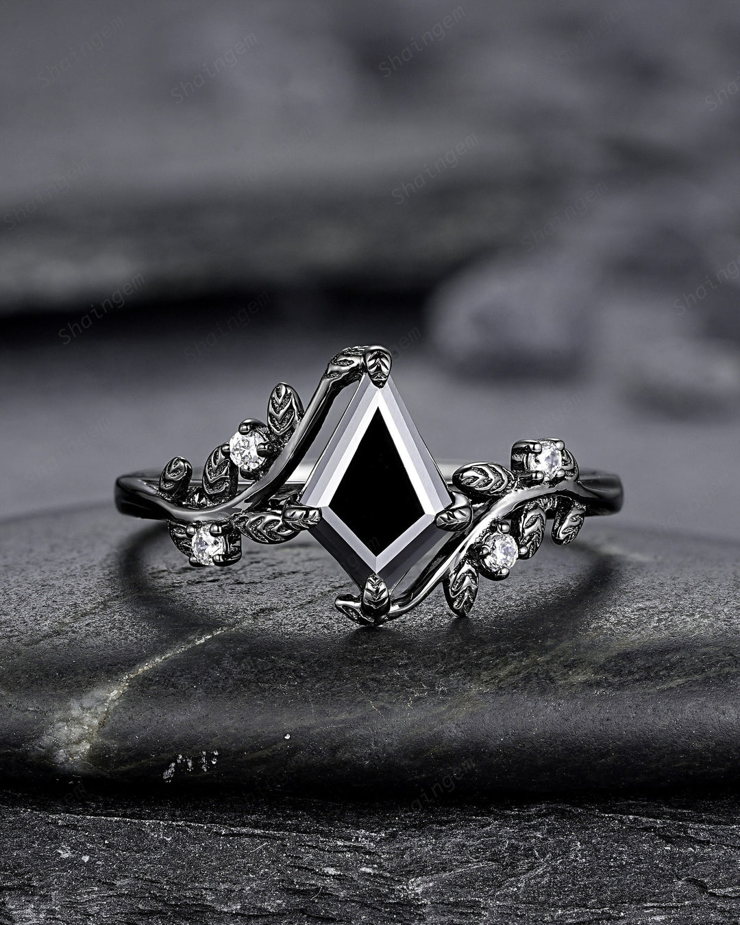 Gothic Black Gold Kite Cut Black Moissanite Leaf Engagement Ring, Nature Inspired Twig Branch Promise Ring, Black Rhodium Wedding Ring Gift - ShainJewelry