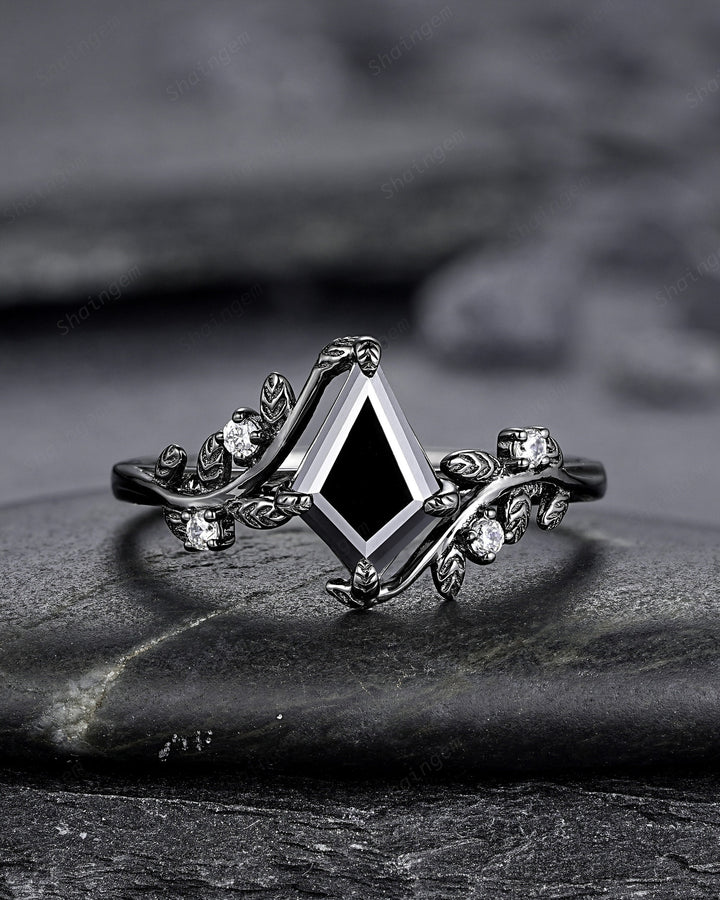 Gothic Black Gold Kite Cut Black Moissanite Leaf Engagement Ring, Nature Inspired Twig Branch Promise Ring, Black Rhodium Wedding Ring Gift - ShainJewelry