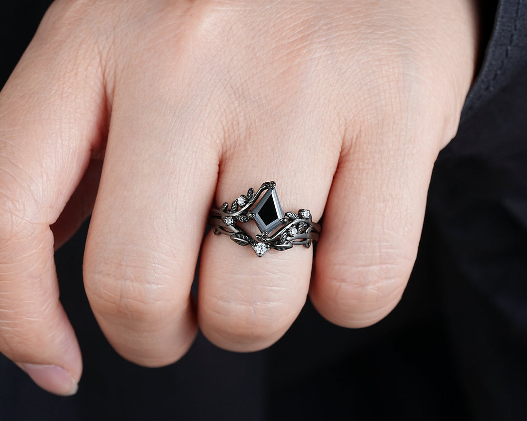 Gothic Black Gold Kite Cut Black Moissanite Leaf Engagement Ring, Nature Inspired Twig Branch Promise Ring, Black Rhodium Wedding Ring Gift - ShainJewelry