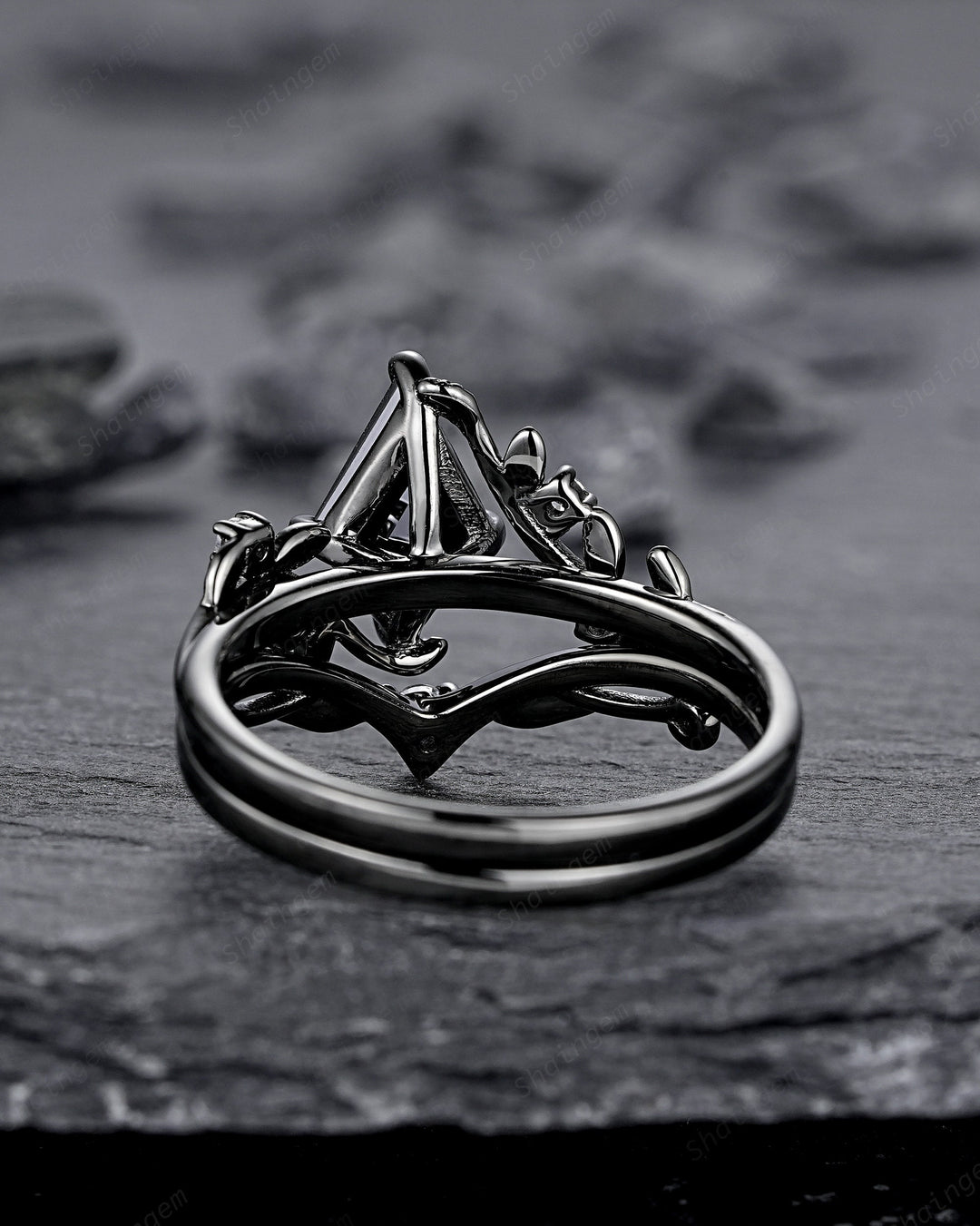 Gothic Black Gold Kite Cut Black Moissanite Leaf Engagement Ring, Nature Inspired Twig Branch Promise Ring, Black Rhodium Wedding Ring Gift - ShainJewelry