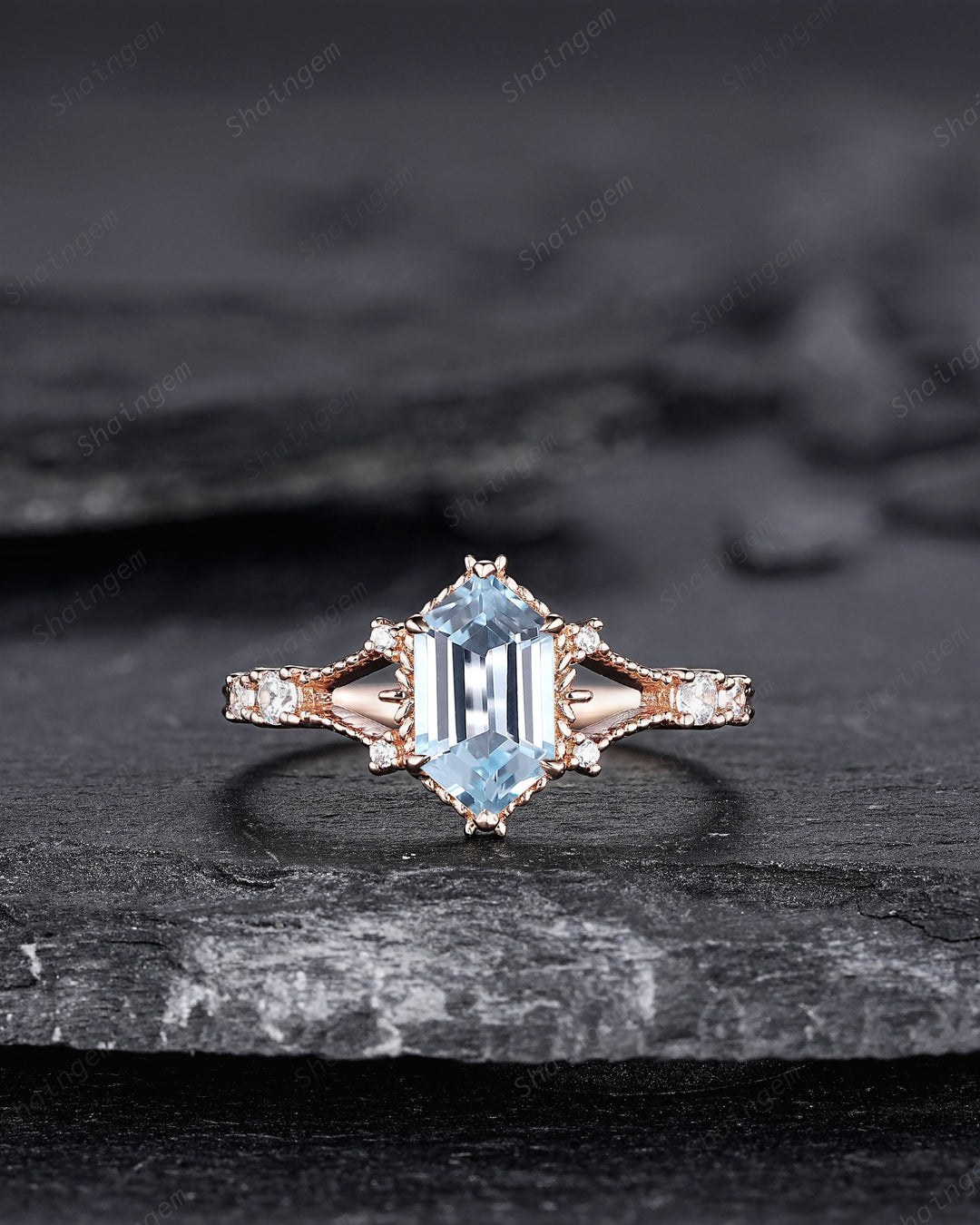 Long Hexagon Natural Aquamarine Engagement Ring, Unique Split Shank Milgrain Wedding Ring, Rose Gold Anniversary Gift Promise Ring for Women - ShainJewelry