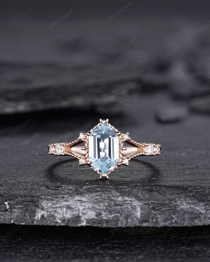 Long Hexagon Natural Aquamarine Engagement Ring, Unique Split Shank Milgrain Wedding Ring, Rose Gold Anniversary Gift Promise Ring for Women - ShainJewelry