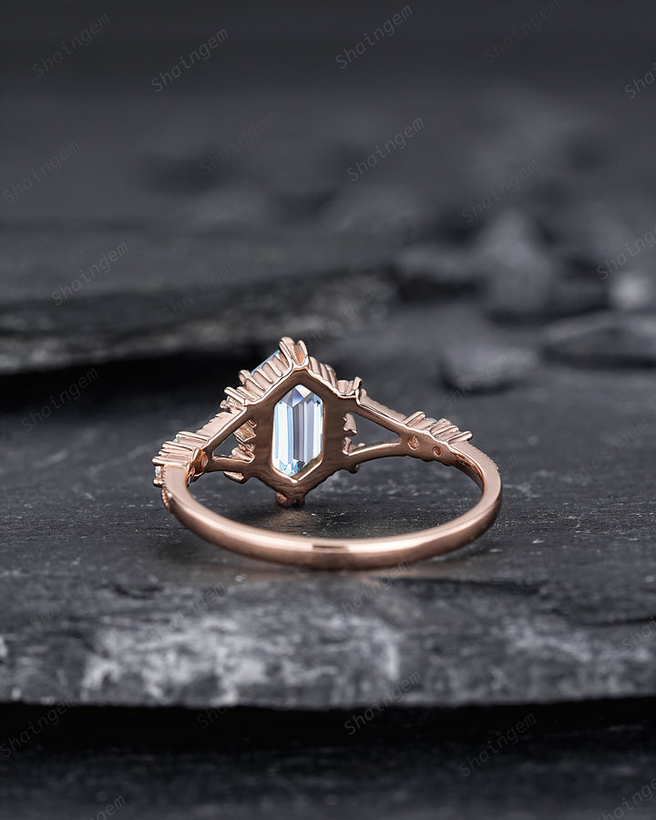Long Hexagon Natural Aquamarine Engagement Ring, Unique Split Shank Milgrain Wedding Ring, Rose Gold Anniversary Gift Promise Ring for Women - ShainJewelry