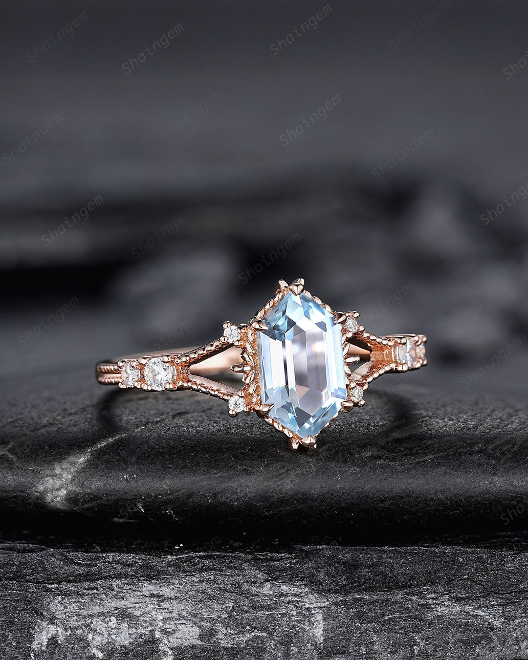 Long Hexagon Natural Aquamarine Engagement Ring, Unique Split Shank Milgrain Wedding Ring, Rose Gold Anniversary Gift Promise Ring for Women - ShainJewelry