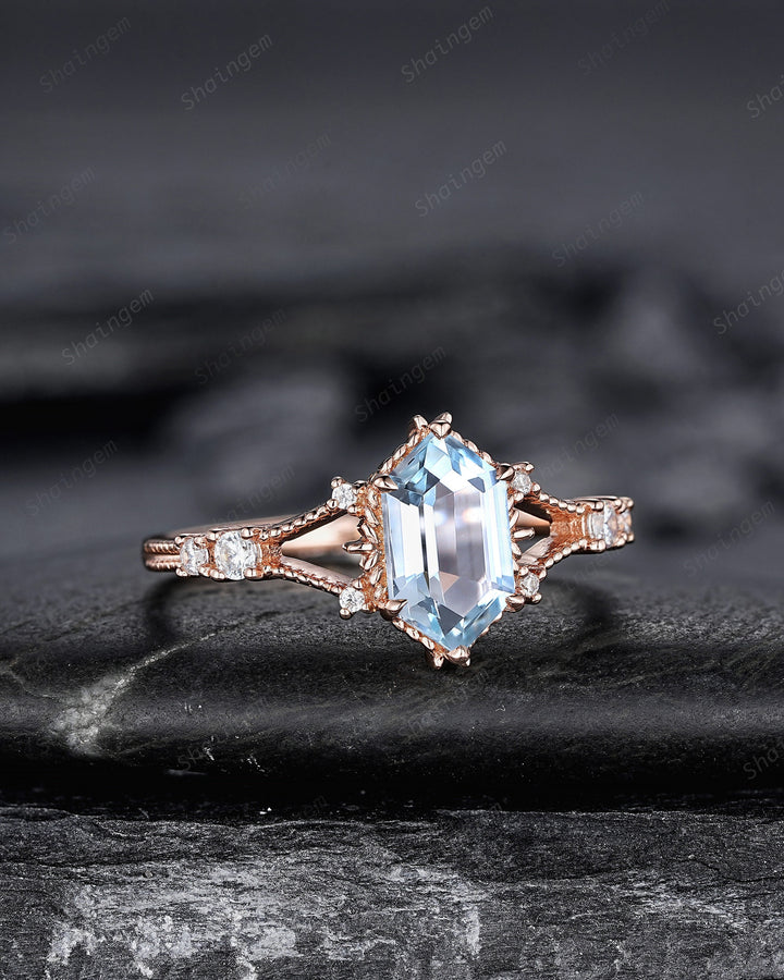 Long Hexagon Natural Aquamarine Engagement Ring, Unique Split Shank Milgrain Wedding Ring, Rose Gold Anniversary Gift Promise Ring for Women - ShainJewelry