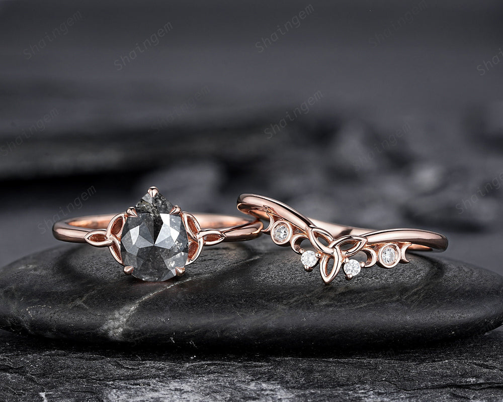 Celtic Knot Salt and Pepper Diamond Engagement Ring, Unique Rose Gold Natural Black Diamond Promise Ring, Platinum Wedding Ring for Women - ShainJewelry