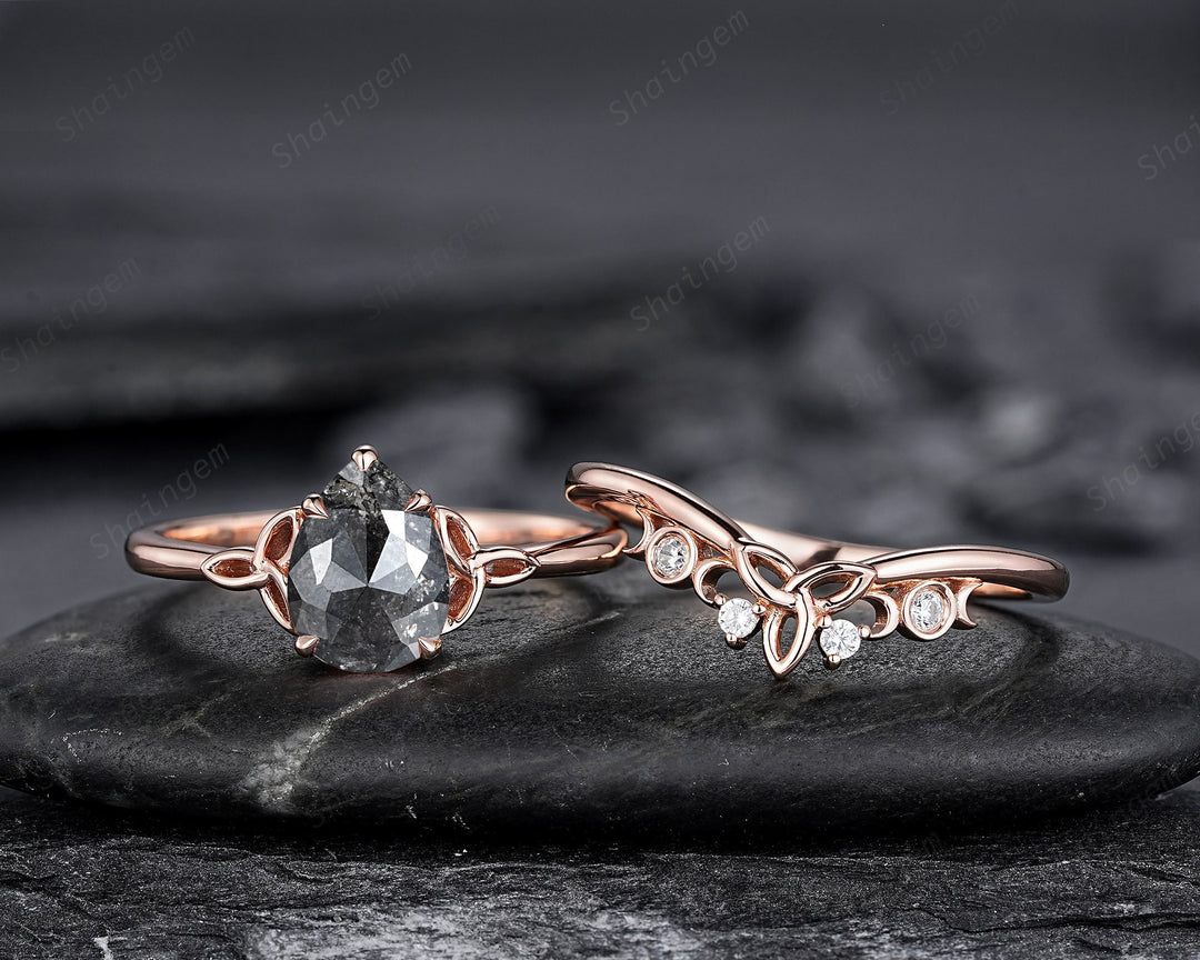Celtic Knot Salt and Pepper Diamond Engagement Ring, Unique Rose Gold Natural Black Diamond Promise Ring, Platinum Wedding Ring for Women - ShainJewelry