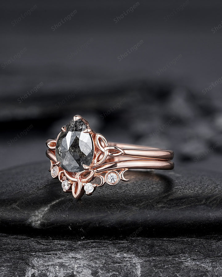 Celtic Knot Salt and Pepper Diamond Engagement Ring, Unique Rose Gold Natural Black Diamond Promise Ring, Platinum Wedding Ring for Women - ShainJewelry