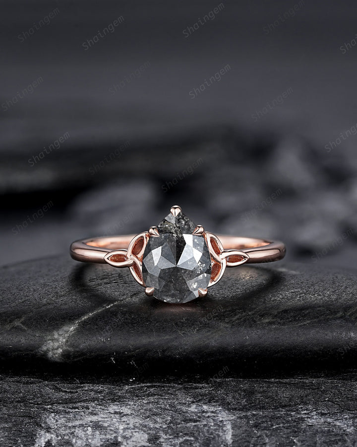Celtic Knot Salt and Pepper Diamond Engagement Ring, Unique Rose Gold Natural Black Diamond Promise Ring, Platinum Wedding Ring for Women - ShainJewelry