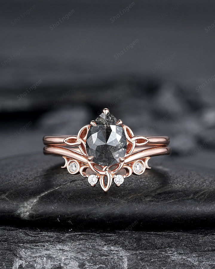 Celtic Knot Salt and Pepper Diamond Engagement Ring, Unique Rose Gold Natural Black Diamond Promise Ring, Platinum Wedding Ring for Women - ShainJewelry