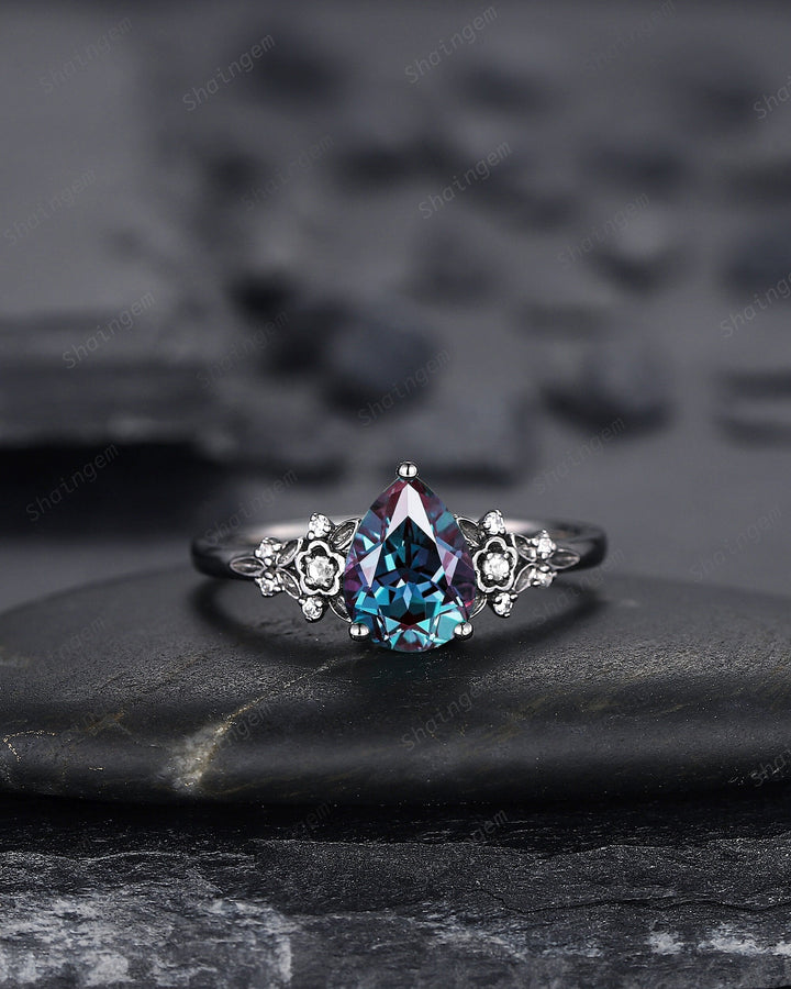Black Gold Pear Shape Alexandrite and Moonstone Engagement Ring, Gothic Black Floral Promise Ring, Rhodium Black Witchy Ring June Birthstone - ShainJewelry