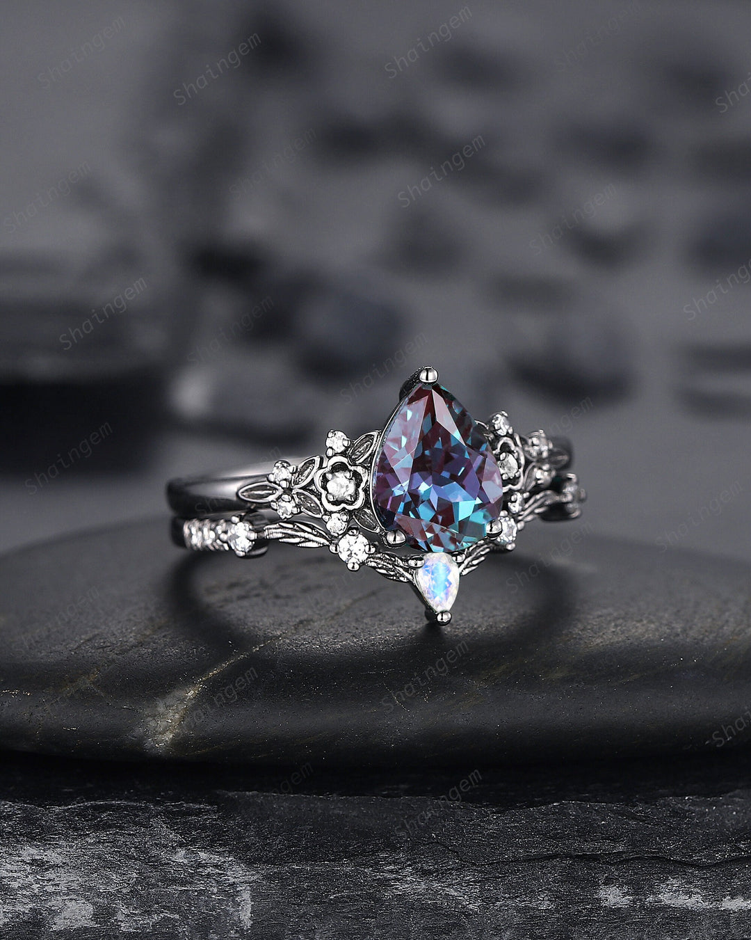 Black Gold Pear Shape Alexandrite and Moonstone Engagement Ring, Gothic Black Floral Promise Ring, Rhodium Black Witchy Ring June Birthstone - ShainJewelry