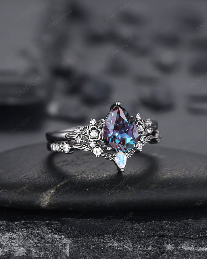 Black Gold Pear Shape Alexandrite and Moonstone Engagement Ring, Gothic Black Floral Promise Ring, Rhodium Black Witchy Ring June Birthstone - ShainJewelry
