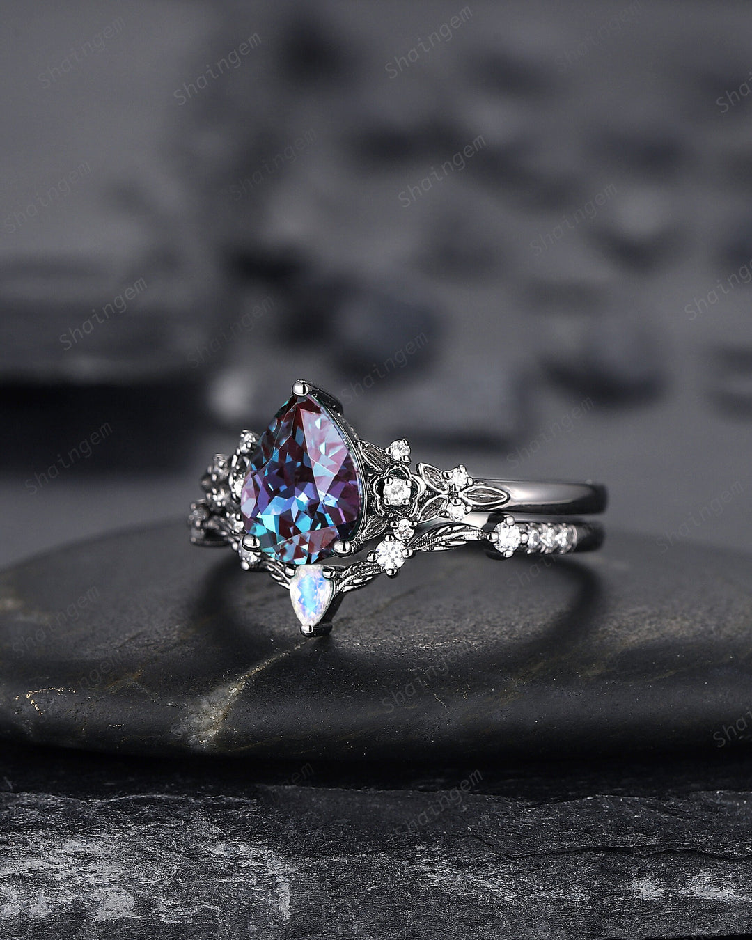 Black Gold Pear Shape Alexandrite and Moonstone Engagement Ring, Gothic Black Floral Promise Ring, Rhodium Black Witchy Ring June Birthstone - ShainJewelry