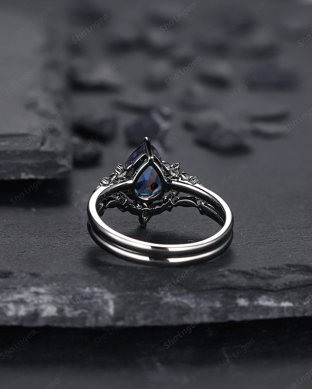 Black Gold Pear Shape Alexandrite and Moonstone Engagement Ring, Gothic Black Floral Promise Ring, Rhodium Black Witchy Ring June Birthstone - ShainJewelry