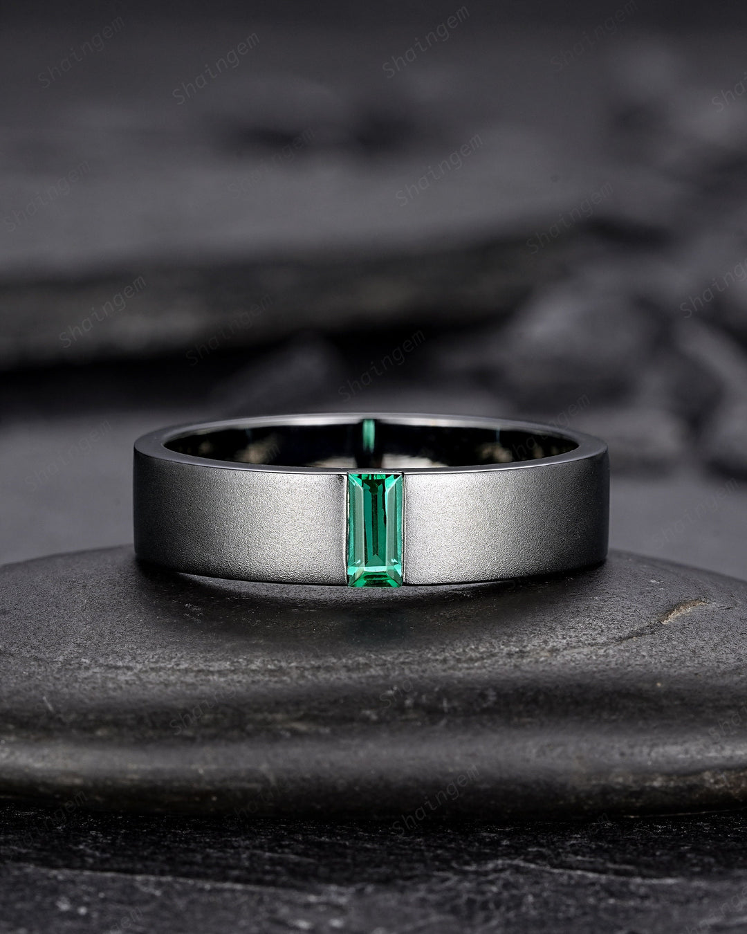 Black Gold Baguette Emerald Men's Engagement Band, Men's Straight Wedding Band, Gothic Solitaire Promise Ring Black Rhodium Anniversary Ring - ShainJewelry