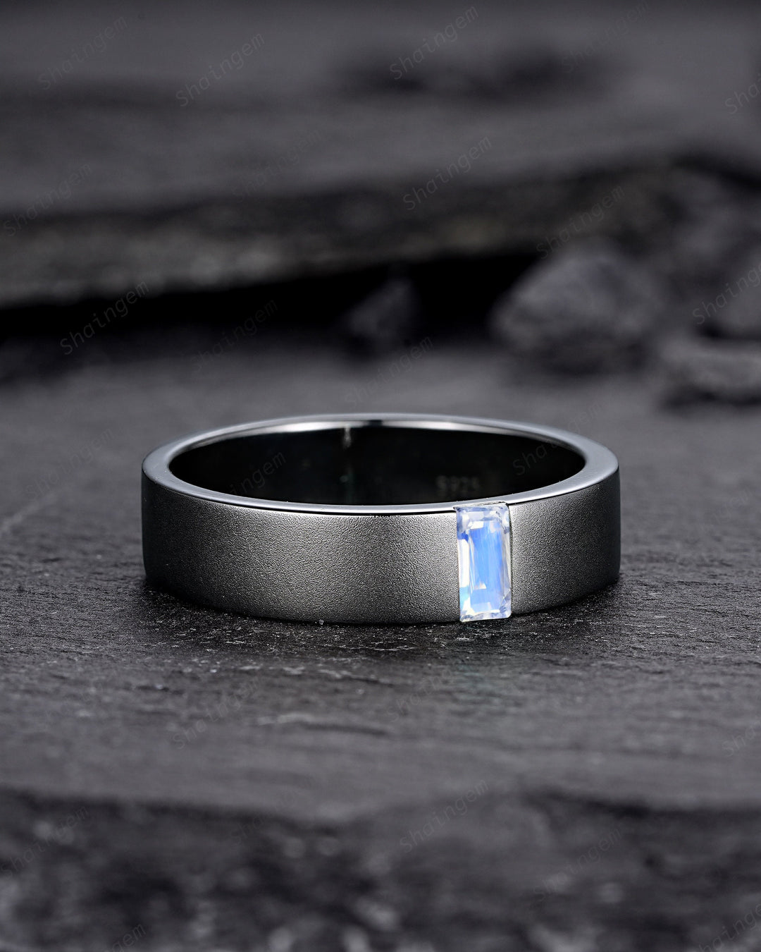 Black Gold Baguette Moonstone Men's Engagement Band, Men's Wedding Band, Gothic Solitaire Promise Ring, Black Rhodium Anniversary Ring Gift - ShainJewelry