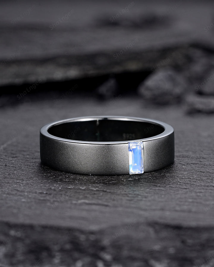 Black Gold Baguette Moonstone Men's Engagement Band, Men's Wedding Band, Gothic Solitaire Promise Ring, Black Rhodium Anniversary Ring Gift - ShainJewelry