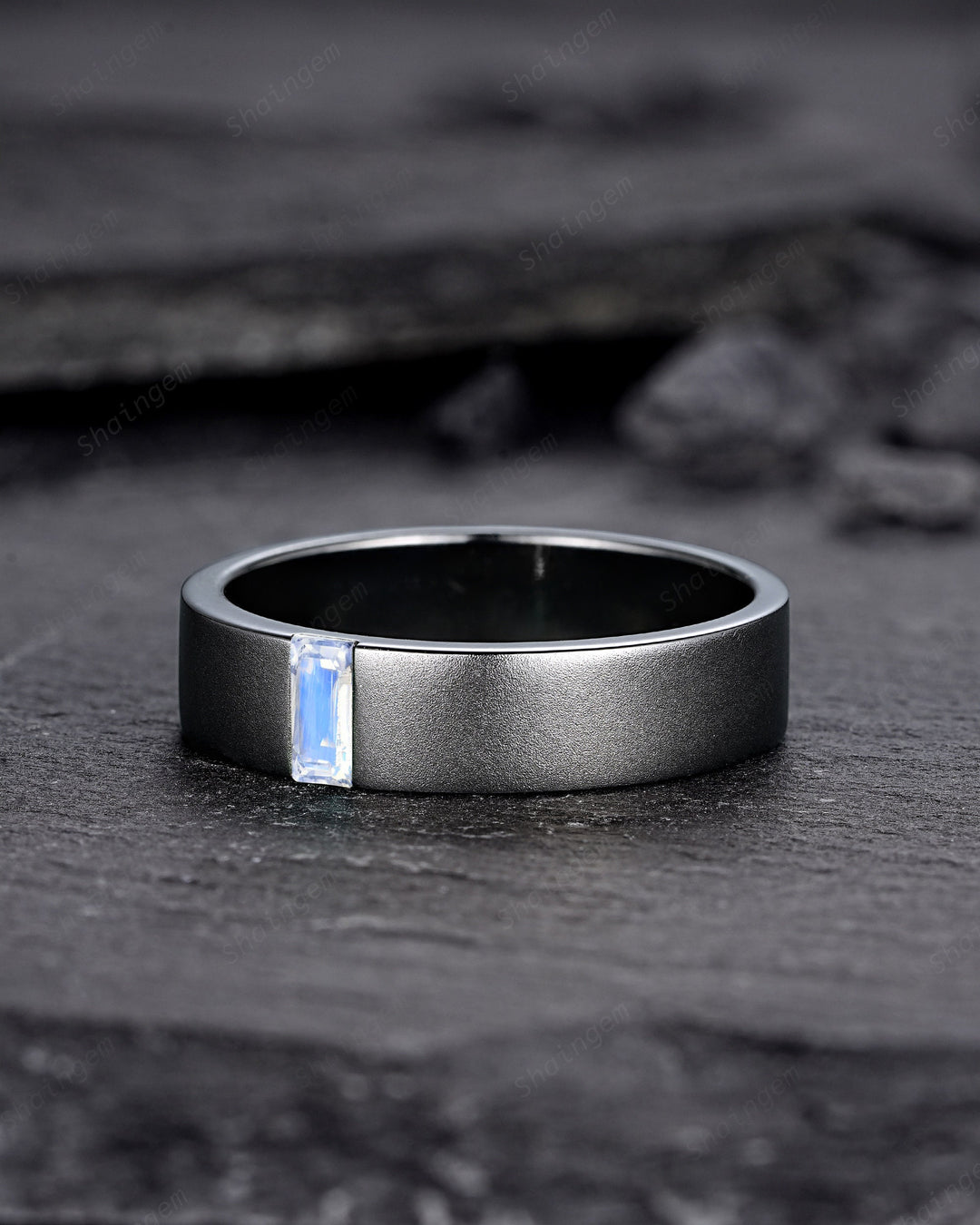 Black Gold Baguette Moonstone Men's Engagement Band, Men's Wedding Band, Gothic Solitaire Promise Ring, Black Rhodium Anniversary Ring Gift - ShainJewelry