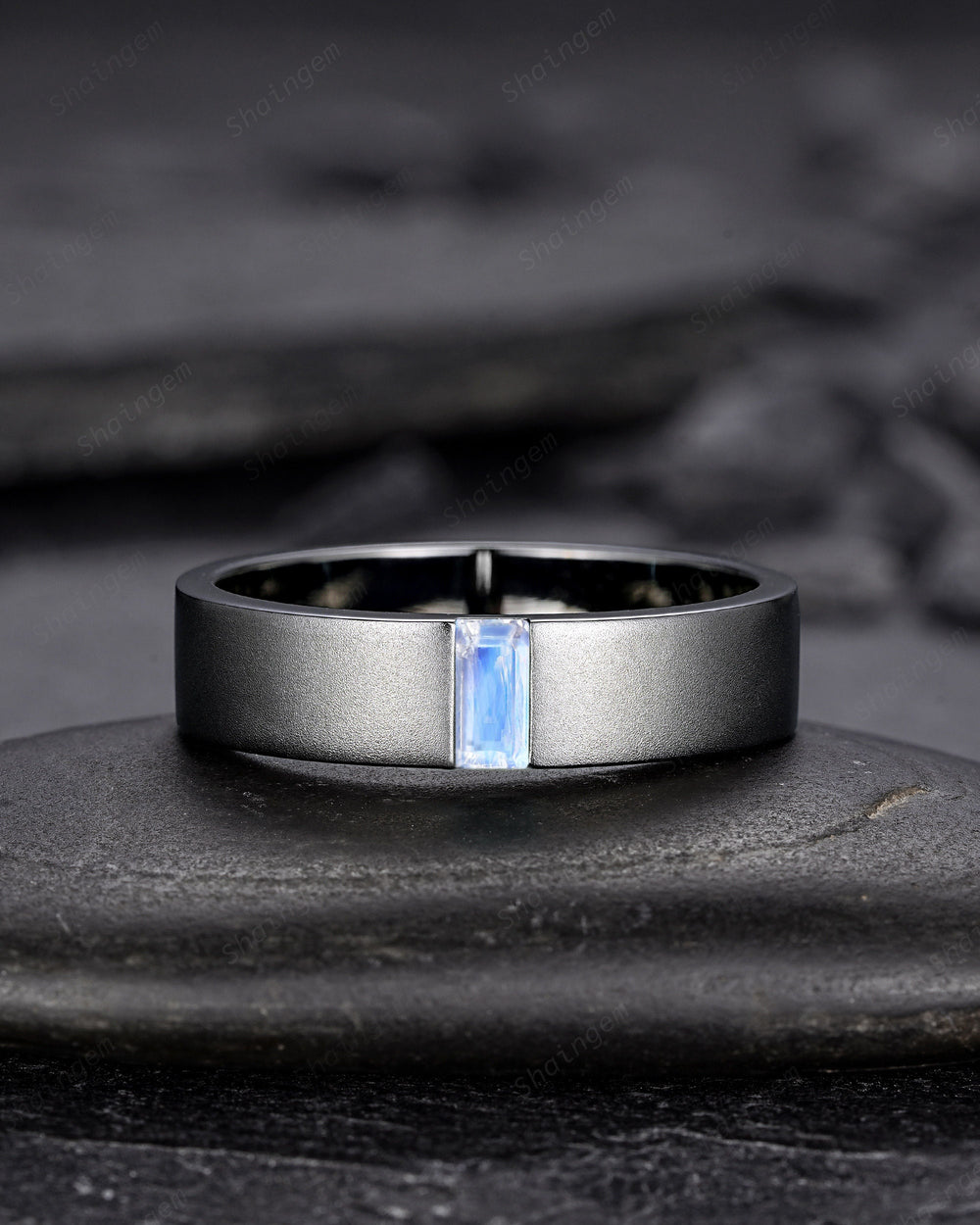 Black Gold Baguette Moonstone Men's Engagement Band, Men's Wedding Band, Gothic Solitaire Promise Ring, Black Rhodium Anniversary Ring Gift - ShainJewelry