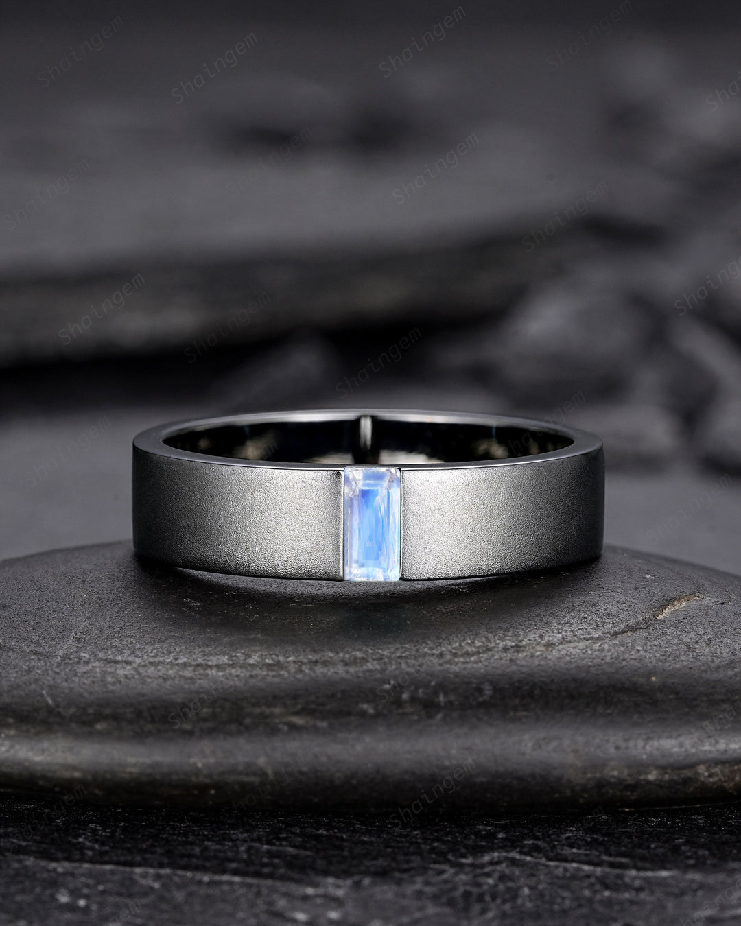 Black Gold Baguette Moonstone Men's Engagement Band, Men's Wedding Band, Gothic Solitaire Promise Ring, Black Rhodium Anniversary Ring Gift - ShainJewelry