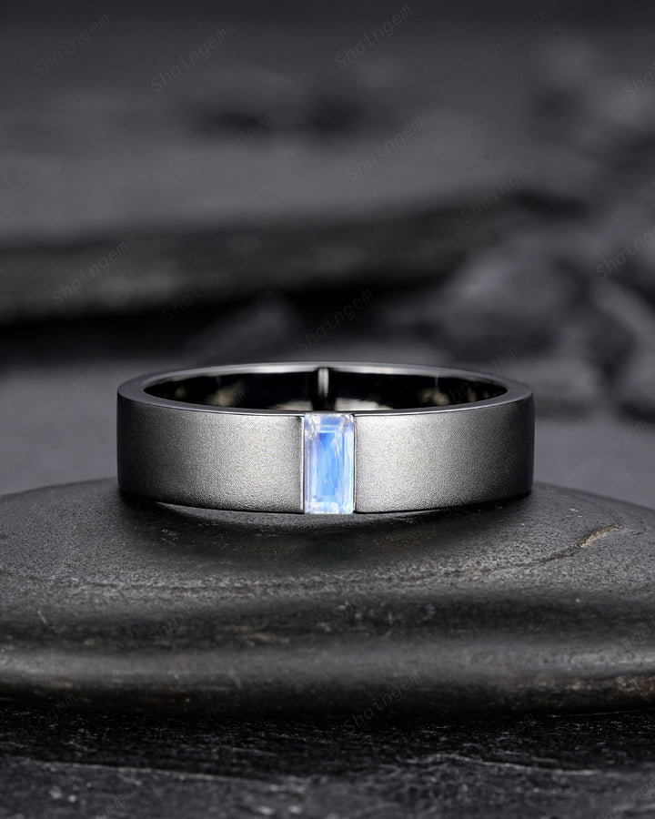 Black Gold Baguette Moonstone Men's Engagement Band, Men's Wedding Band, Gothic Solitaire Promise Ring, Black Rhodium Anniversary Ring Gift - ShainJewelry