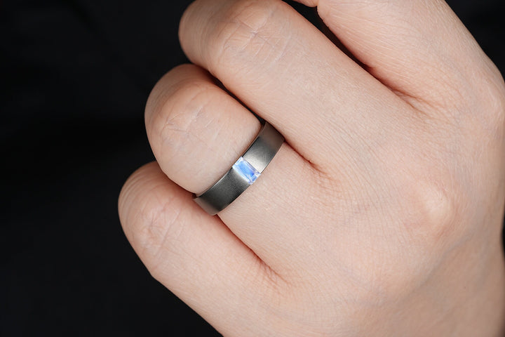 Black Gold Baguette Moonstone Men's Engagement Band, Men's Wedding Band, Gothic Solitaire Promise Ring, Black Rhodium Anniversary Ring Gift - ShainJewelry