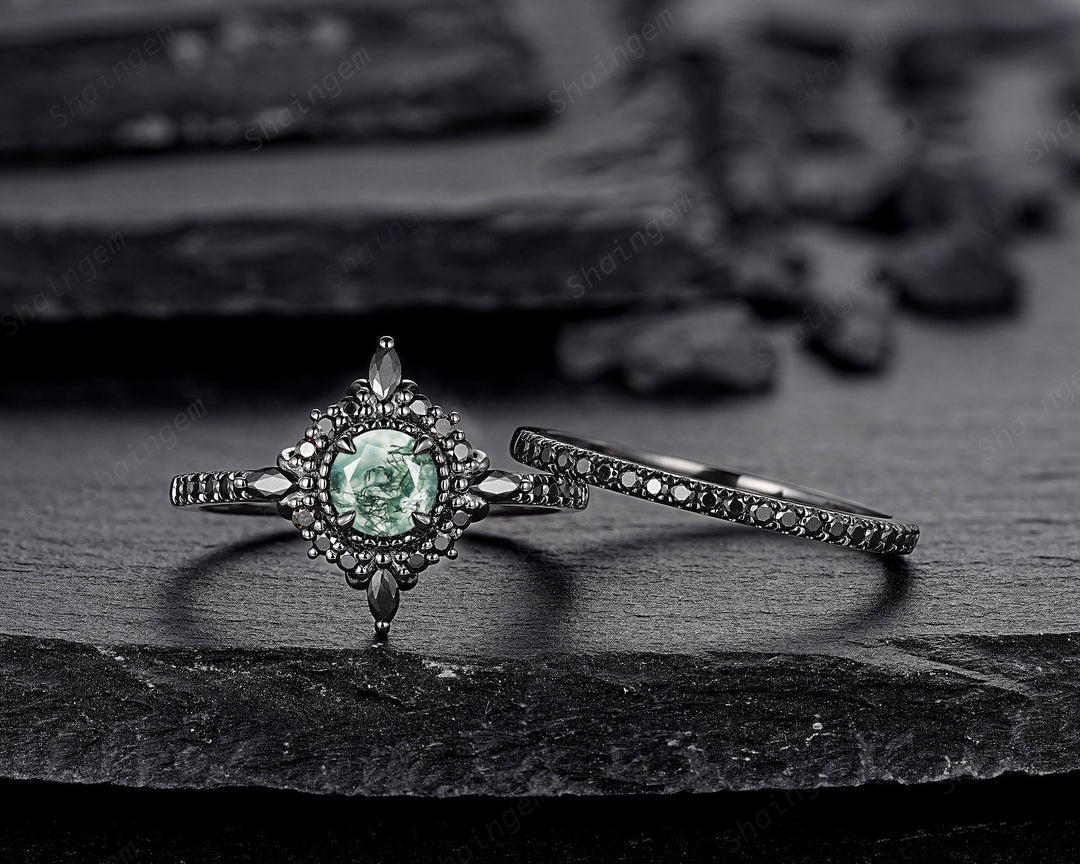 Gothic Black Gold Moss Agate Halo Engagement Ring, Punk PeekaBoo Setting Promise Ring, Black Rhodium Wedding Ring Bridal Set Gift for Women - ShainJewelry
