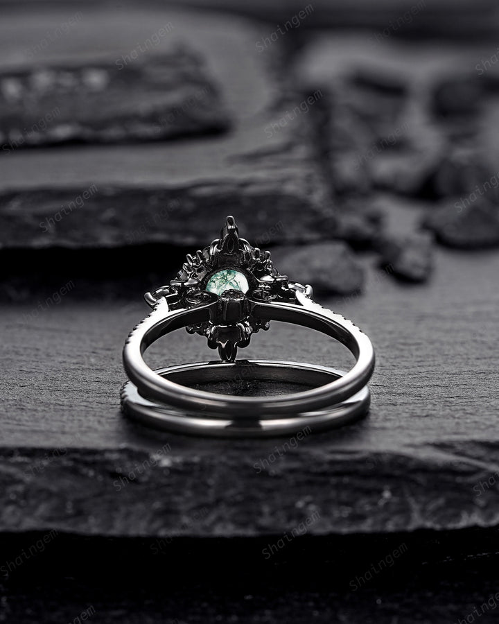 Gothic Black Gold Moss Agate Halo Engagement Ring, Punk PeekaBoo Setting Promise Ring, Black Rhodium Wedding Ring Bridal Set Gift for Women - ShainJewelry
