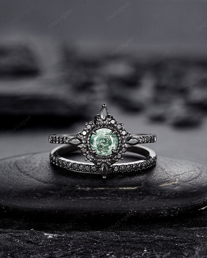 Gothic Black Gold Moss Agate Halo Engagement Ring, Punk PeekaBoo Setting Promise Ring, Black Rhodium Wedding Ring Bridal Set Gift for Women - ShainJewelry