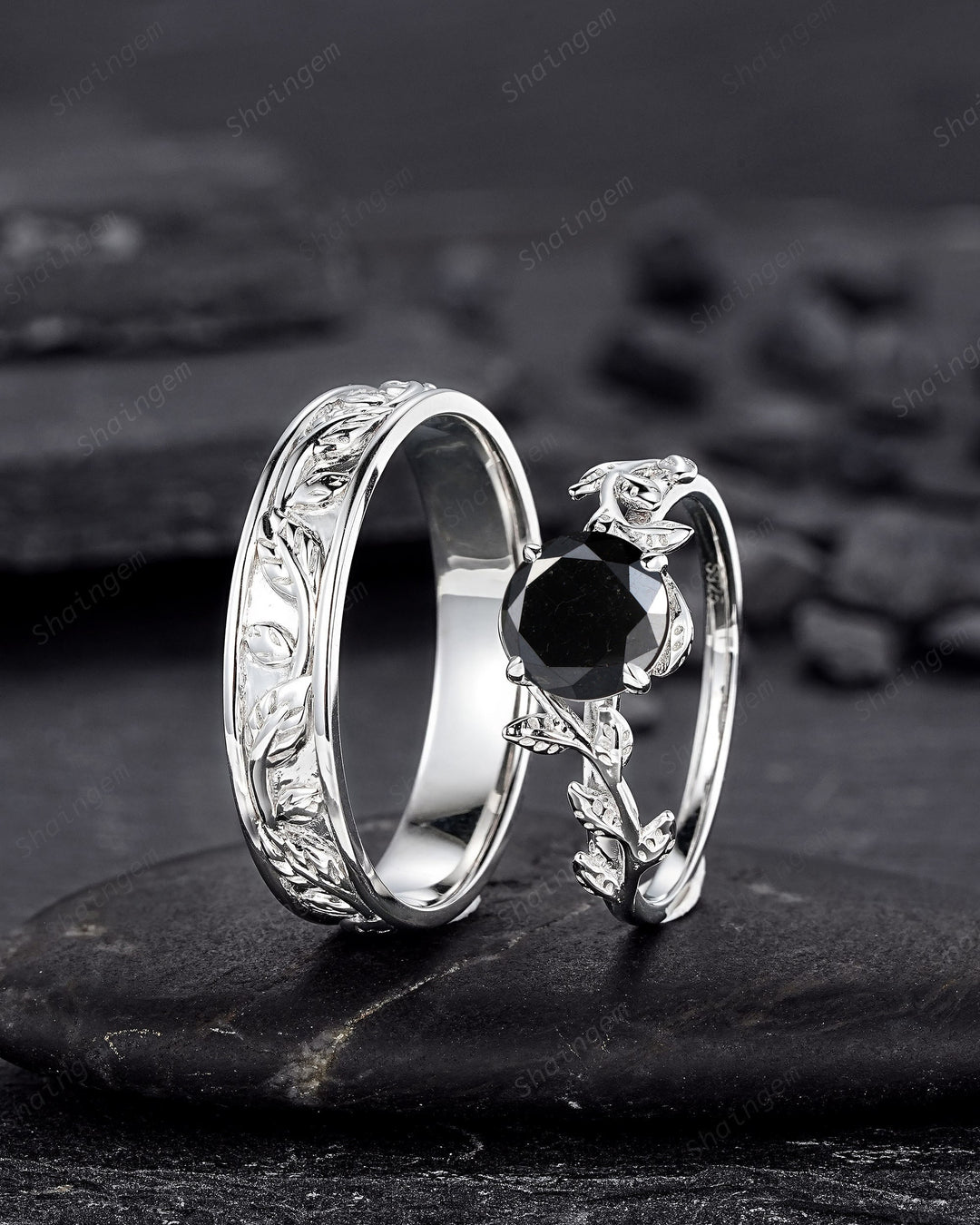 Platinum His and Hers Natural Black Diamond Engagement Ring, Men's Wedding Band, Women's Matching Band, 18K White Gold Leaf Couple Ring Set