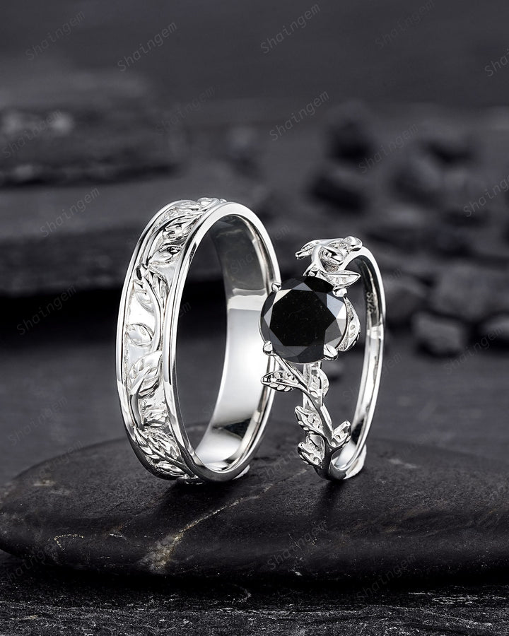 Platinum His and Hers Natural Black Diamond Engagement Ring, Men's Wedding Band, Women's Matching Band, 18K White Gold Leaf Couple Ring Set - ShainJewelry