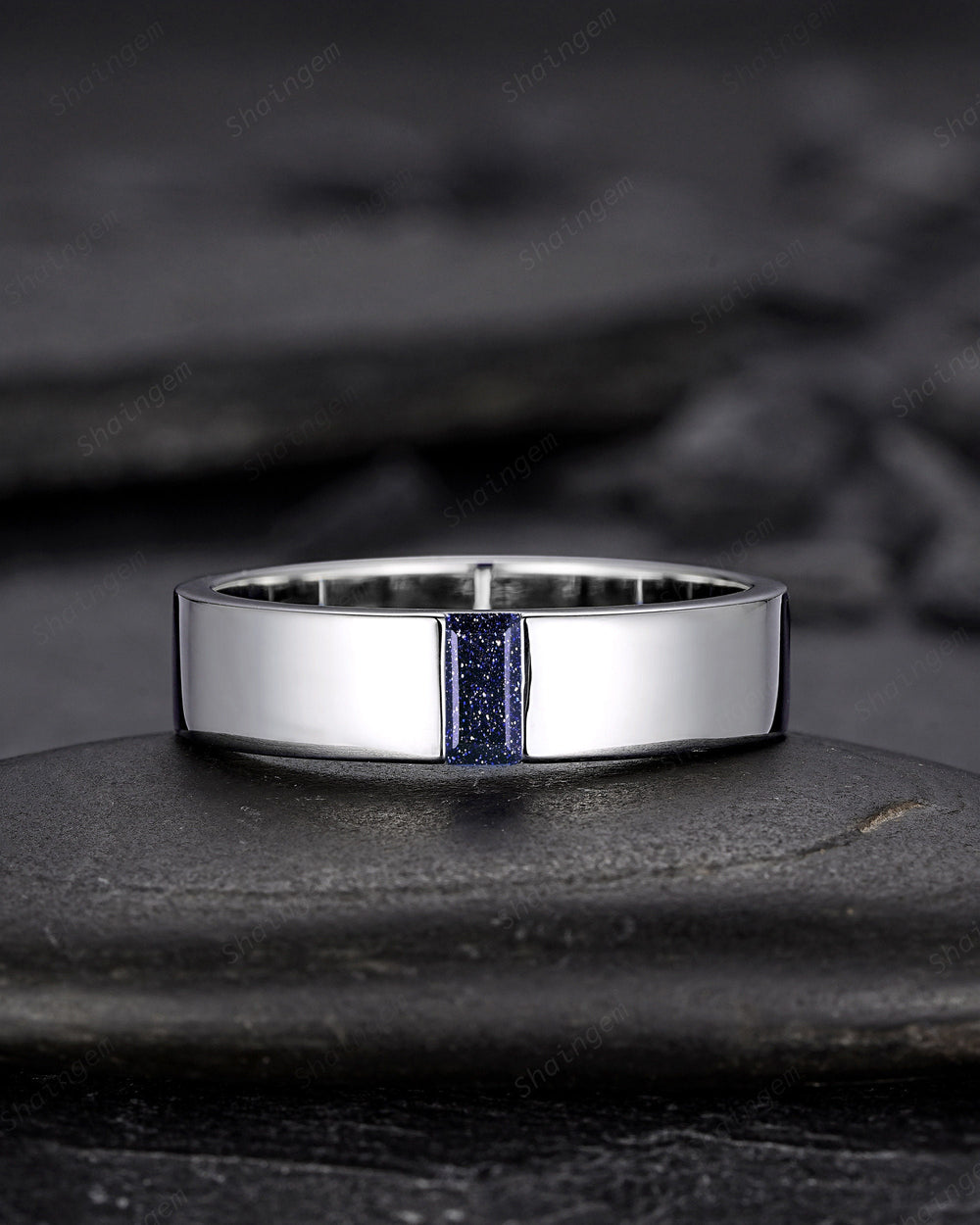 Baguette Blue Sandstone Men's Wedding Band, White Gold Plain Matching Band Vintage Silver Straight Band Anniversary Gift Unique Promise Ring - ShainJewelry