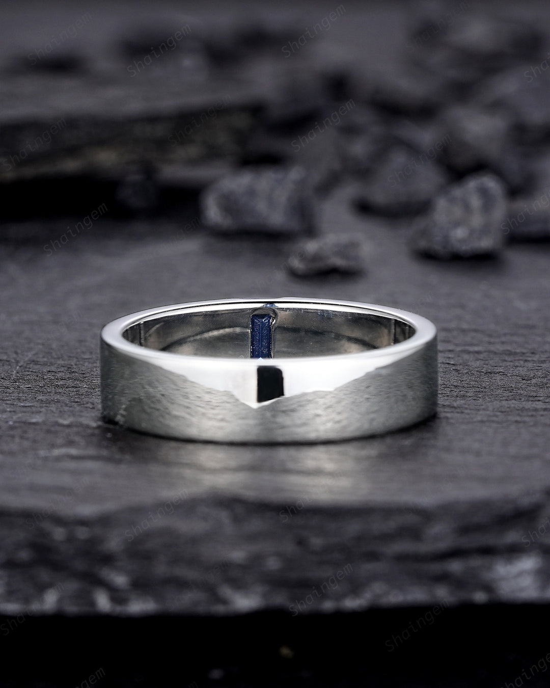 Baguette Blue Sandstone Men's Wedding Band, White Gold Plain Matching Band Vintage Silver Straight Band Anniversary Gift Unique Promise Ring - ShainJewelry