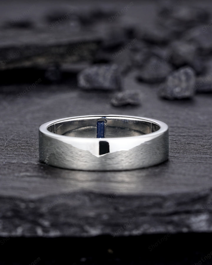Baguette Blue Sandstone Men's Wedding Band, White Gold Plain Matching Band Vintage Silver Straight Band Anniversary Gift Unique Promise Ring - ShainJewelry