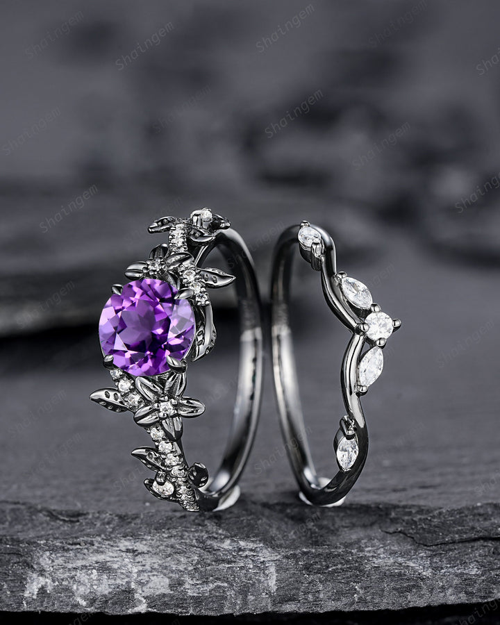 Gothic Round Shape Amethyst Black Floral Engagement Ring Set, Black Gold Leaf Promise Ring Rhodium Black Twig Branch Wedding Ring Bridal Set - ShainJewelry