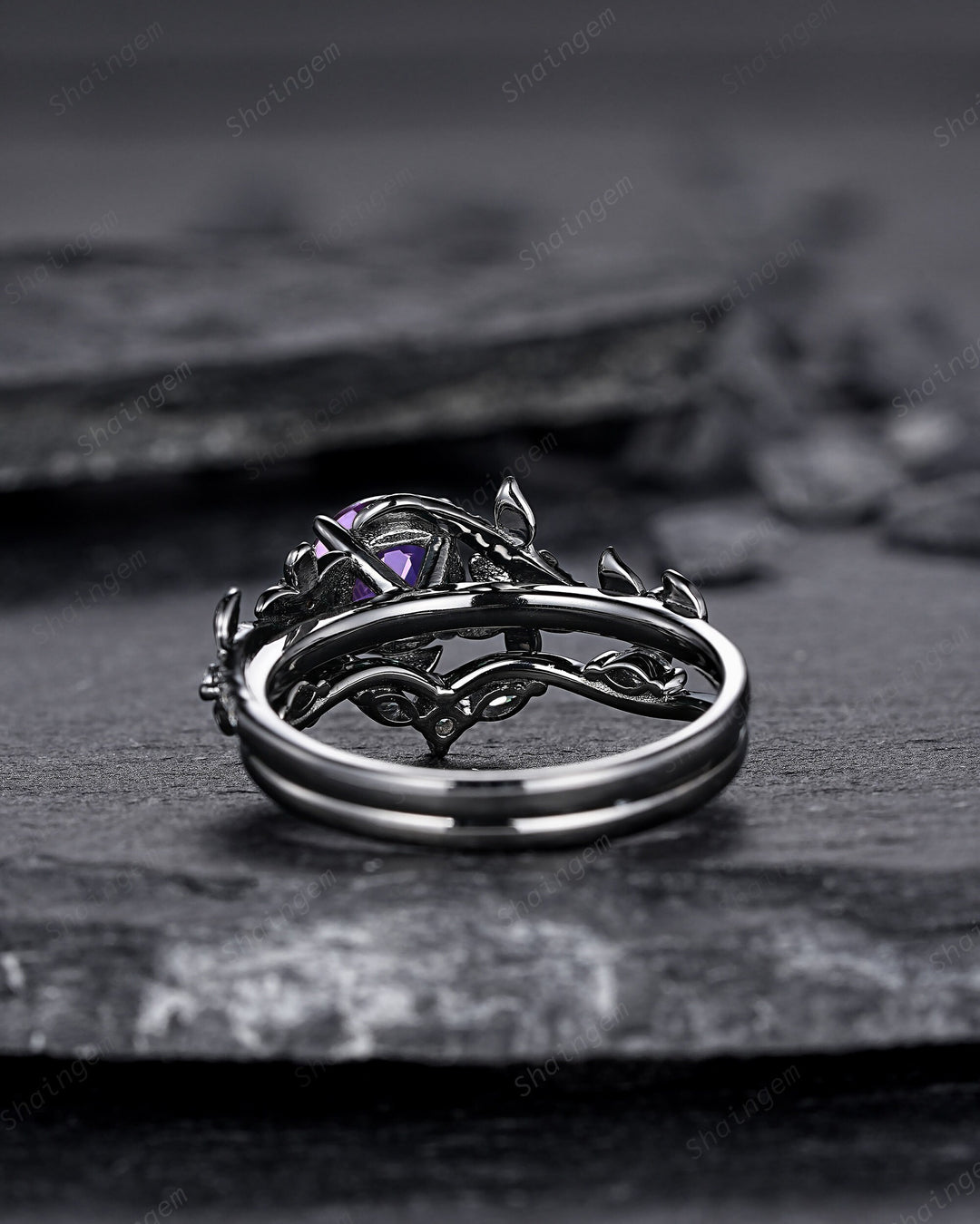 Gothic Round Shape Amethyst Black Floral Engagement Ring Set, Black Gold Leaf Promise Ring Rhodium Black Twig Branch Wedding Ring Bridal Set - ShainJewelry