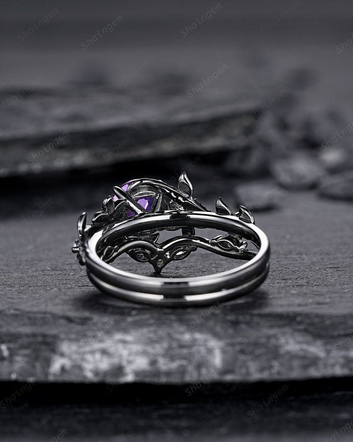 Gothic Round Shape Amethyst Black Floral Engagement Ring Set, Black Gold Leaf Promise Ring Rhodium Black Twig Branch Wedding Ring Bridal Set - ShainJewelry