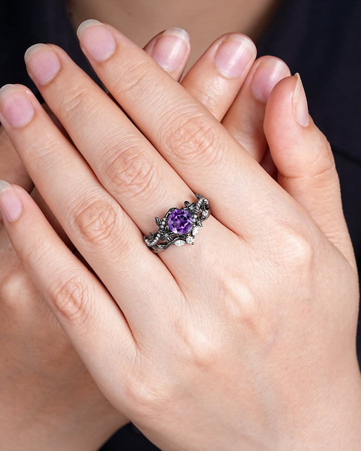 Gothic Round Shape Amethyst Black Floral Engagement Ring Set, Black Gold Leaf Promise Ring Rhodium Black Twig Branch Wedding Ring Bridal Set - ShainJewelry